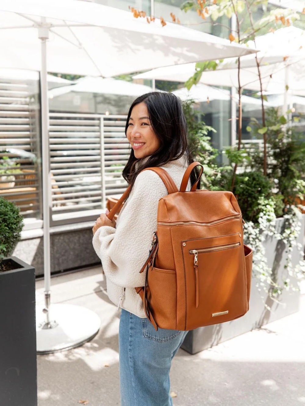 Poppy & Peonies NWOT Commuter Backpack Weekender bag Cognac MISSING STRAP brown - Picture 3 of 12
